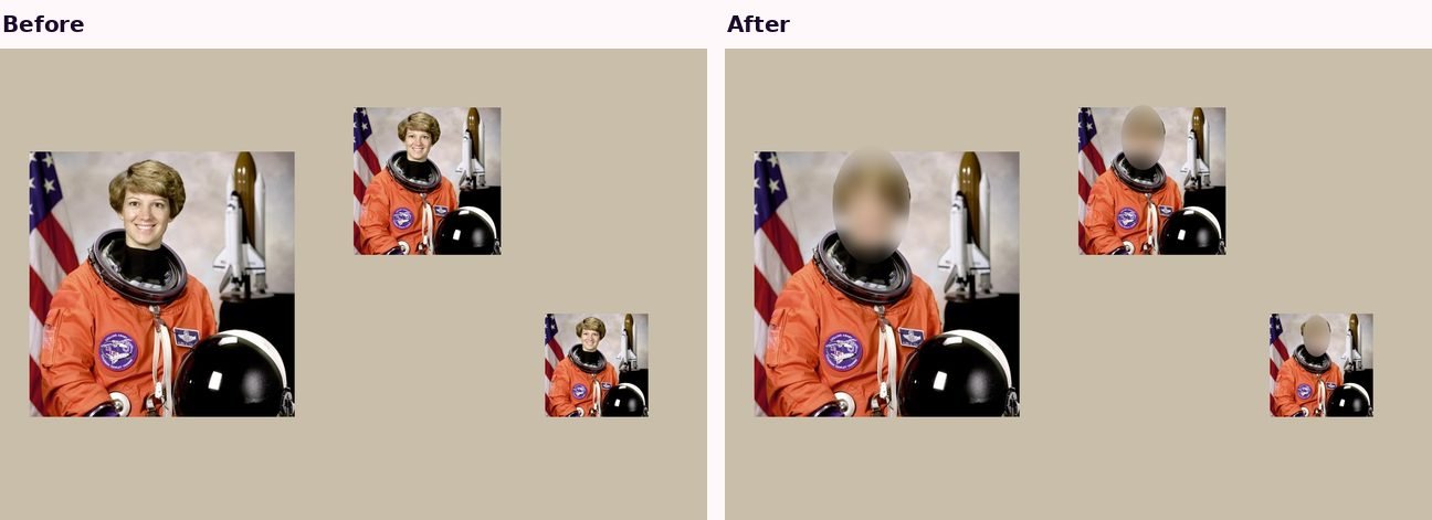 A photo before and after the face blur tool