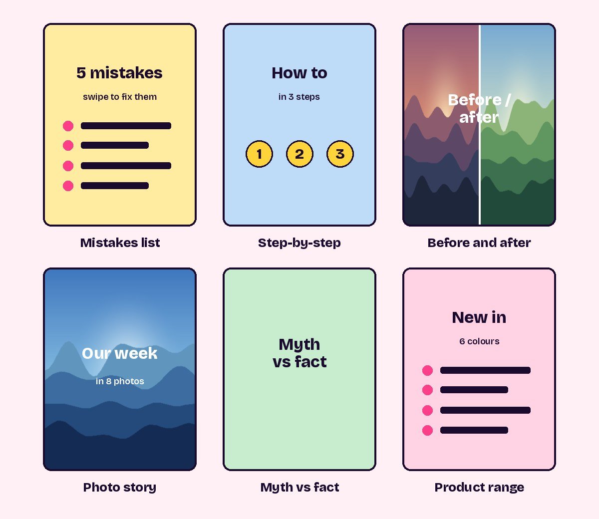 Six example Instagram carousel covers: a mistakes list, step-by-step, before and after, photo story, myth vs fact and a product range