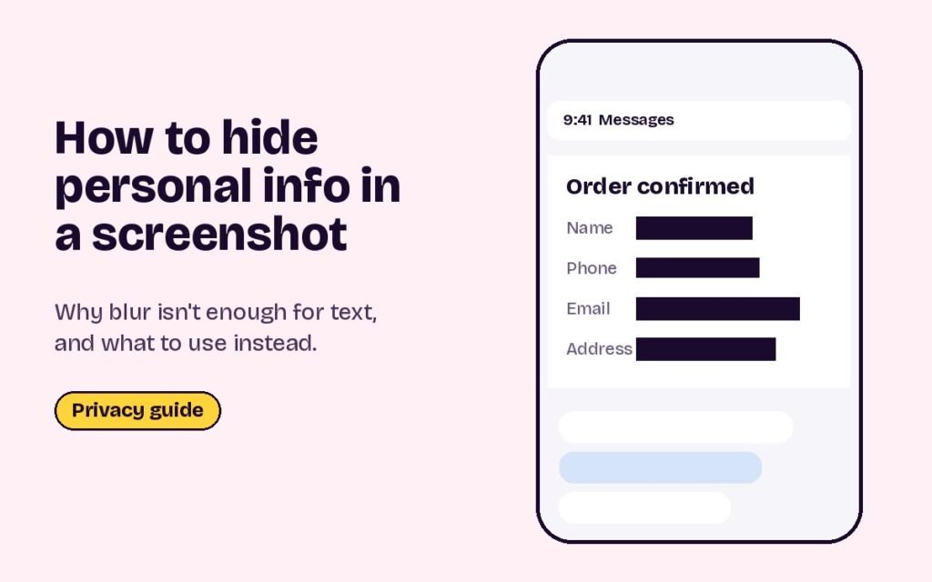 How to hide personal info in a screenshot: an order confirmation with details covered by solid boxes