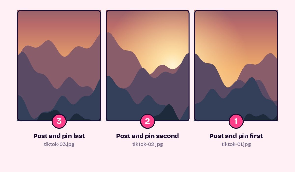 Three TikTok banner tiles numbered 3, 2 and 1 from left to right, showing the order to post and pin them